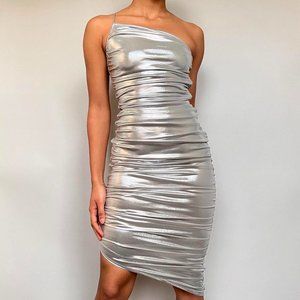 blanc asymmetrical ruched metallic silver dress